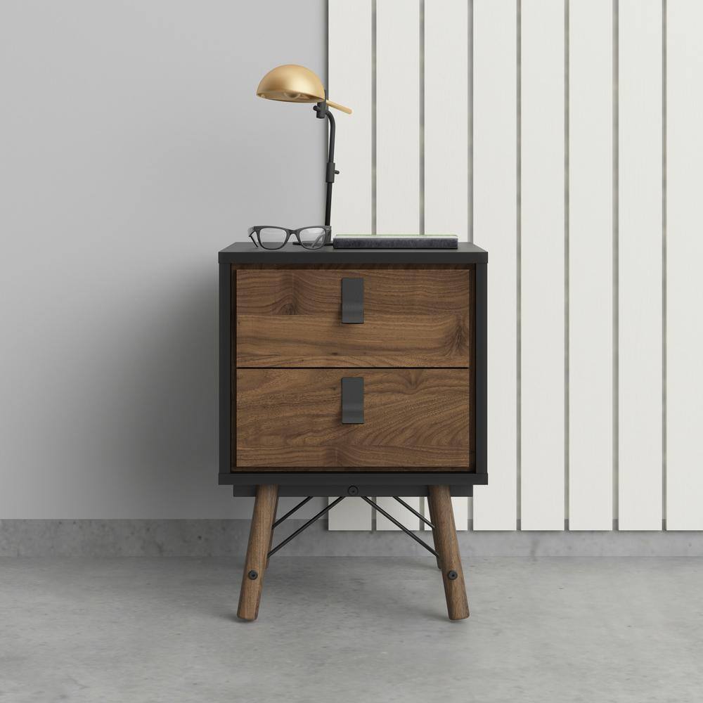 Ry Black Matte and Walnut 2-Drawer Nightstand