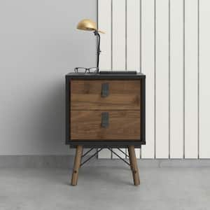 Ry 2-Drawer Black Matte and Walnut Nightstand 23.46 x 17.05 x 15.79