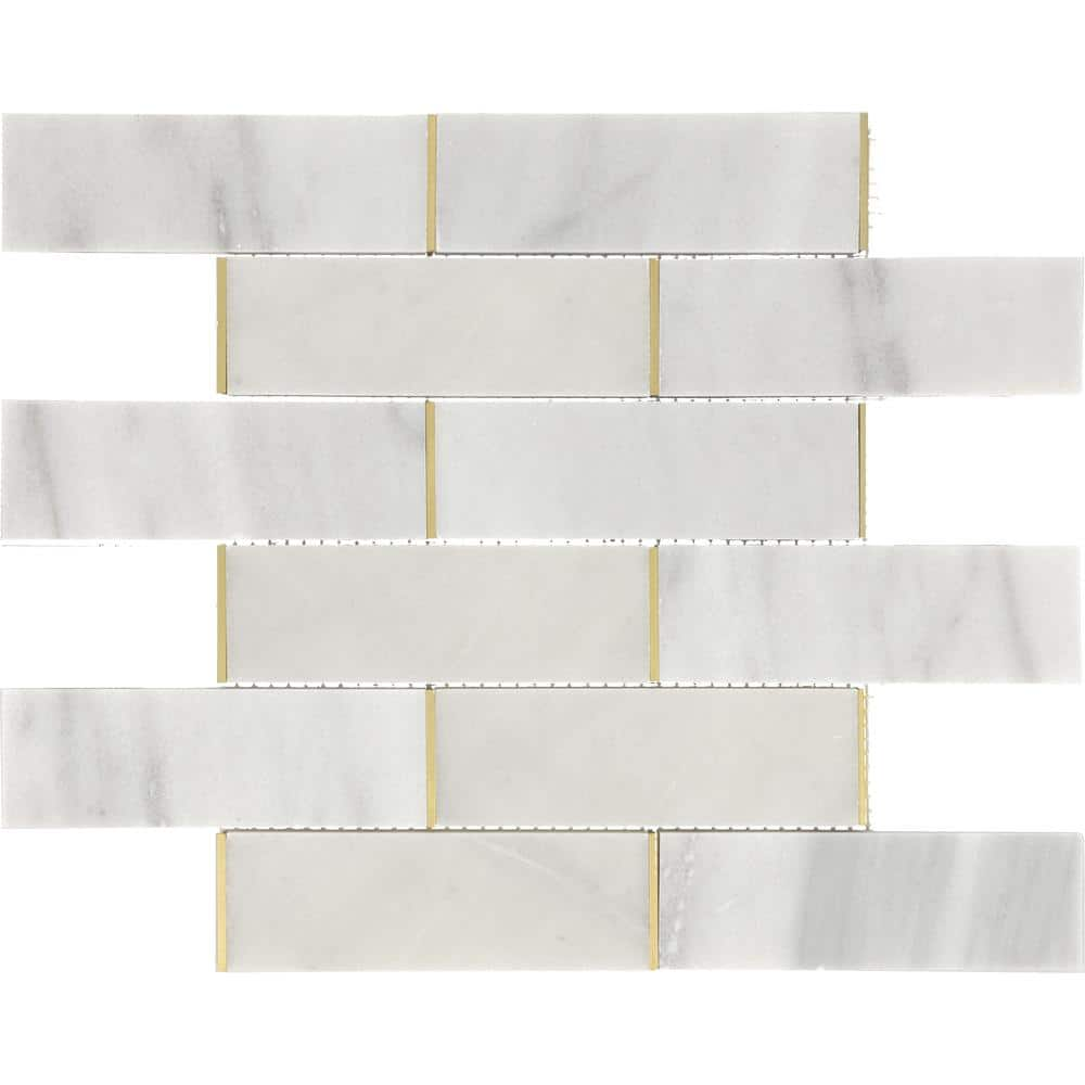 Lavaliere Alluring White Honed 12 in. x 15 in. Marble and Brass Brick Joint Mosaic Tile (4.65 sq. ft./Case)