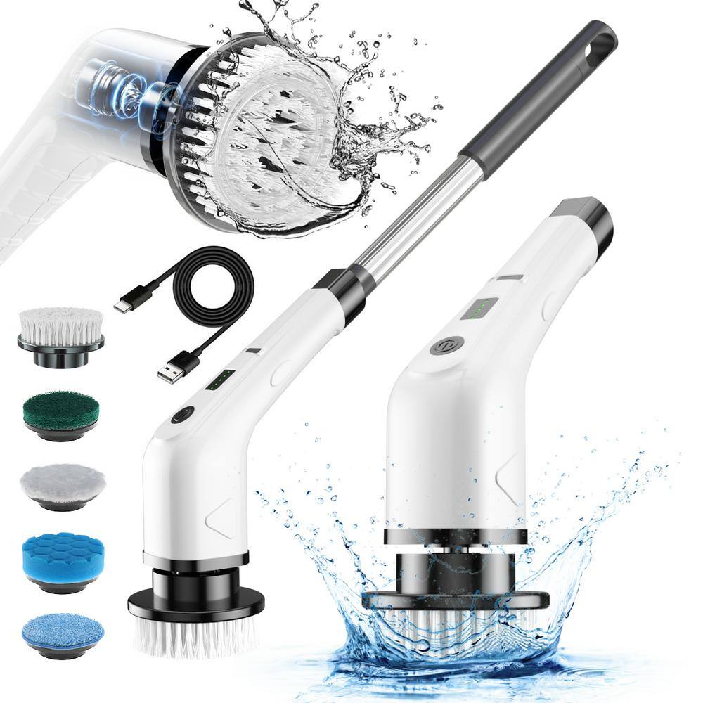 KEROMEE Cordless Electric Spin Scrubber, 2-Adjustable Speeds, 5-Replaceable Brush Heads Short Handle, White, Carpet Cleaner D04