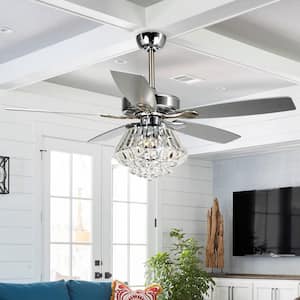 52 in. Indoor Chrome Downrod Mount Crystal Chandelier Ceiling Fan with Light and Remote Control