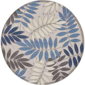 Aloha Gray/Blue 8 ft. x 8 ft. Round Floral Contemporary Indoor/Outdoor Patio Area Rug