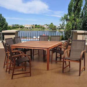 Bahamas 9-Piece Eucalyptus Square Patio Dining Set with Brown Sling Seat