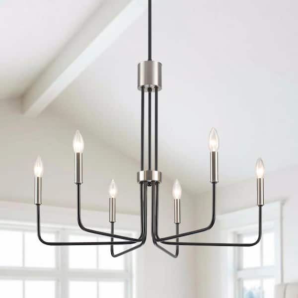 6-Light Black and Nickel Traditional Hanging Adjustable Linear Candlestick Chandelier for Dining Room Living Room