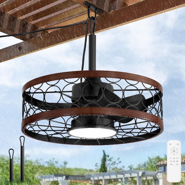 HINNIXY 20 in. Smart Outdoor Brown 3-Color LED 6-Speed Waterproof Caged Ceiling Fan with Light and Remote Control