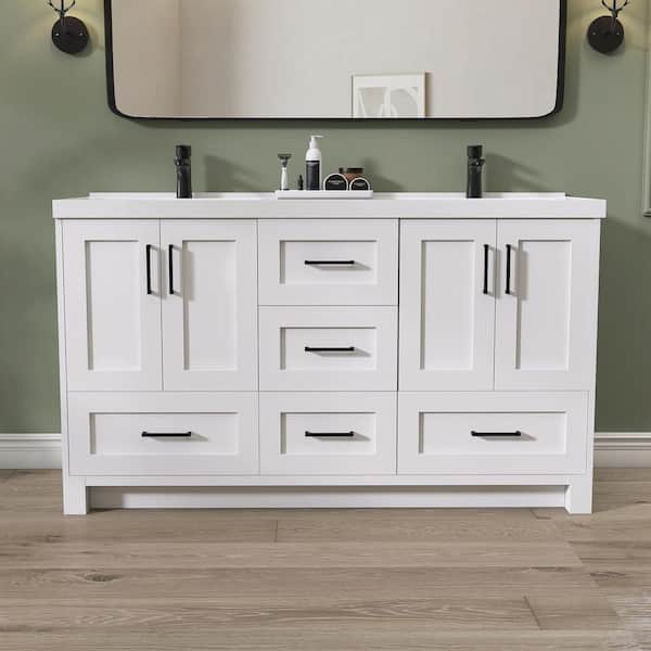 Getpro 60 in. W x 22 in. D White Bath Vanity Double Basin Freestanding Solid Wood Bathroom Cabinet with White Solid Surface Top