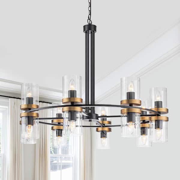 35.24 in. 16-Light Modern Luxury Black Gold Iron Chandelier Pendant Lighting with Glass Shades for Living Room, Dining