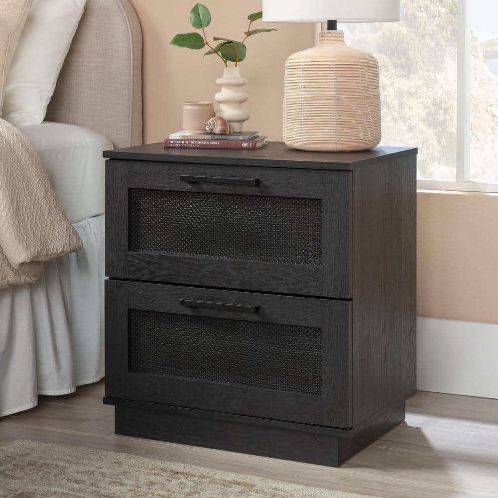 Raven Oak 2-Drawer Rattan Nightstand