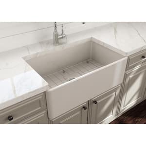 Classico Farmhouse Apron Front Fireclay 30 in. Single Bowl Kitchen Sink with Bottom Grid and Strainer in Biscuit