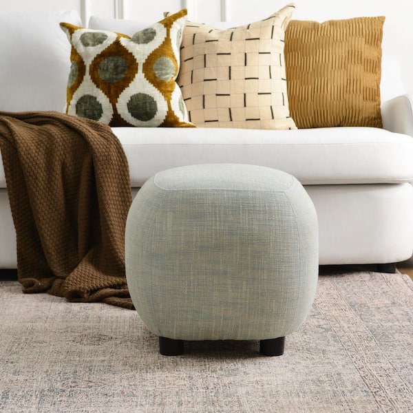 Teal Green Linen Blend Upholstered Footrest Round Ottoman