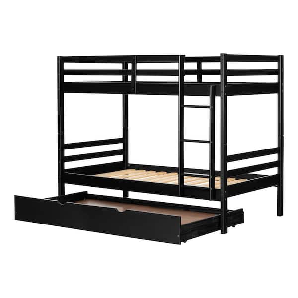 South Shore Fakto Solid Wood Bunk Bed with Trundle, Matte Black