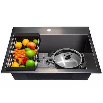 Matte Black Stainless Steel 25 in. x 22 in. Single Bowl Drop-In Kitchen Sink with Accessories