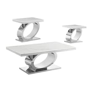 Megan 55 in. White Rectangle Marble Top Coffee Table Set With Stainless Steel Base 3-Piece