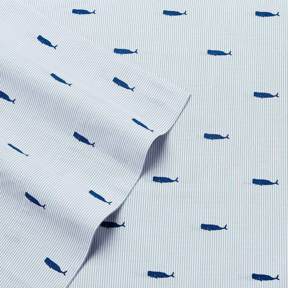 Queen Blue Cotton Percale Whale Stripe Sheet Set