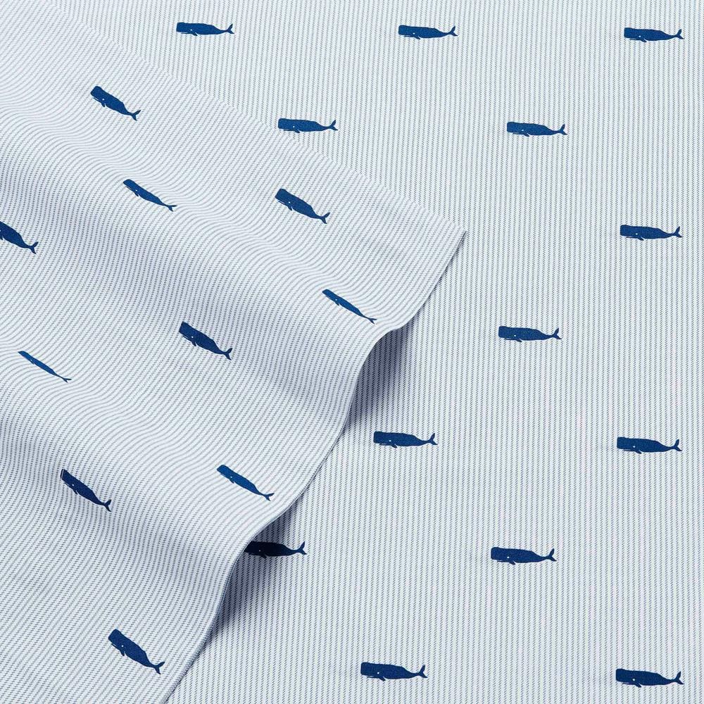 Queen Blue Cotton Percale Whale Stripe Sheet Set