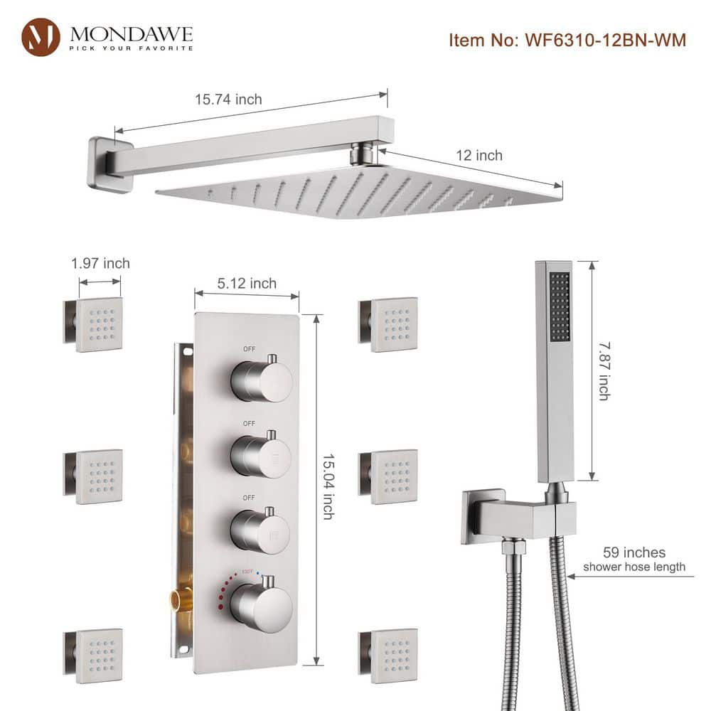 Brushed Nickel Wall Mounted Shower System with Adjustable Heads and Body Jets