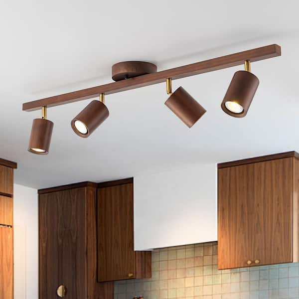 Parroco 4-Light 39.4 in. W 3 ft. Walnut Wood Ceiling Mounted Hardwired Cylinder Track Lighting Kit with Adjustable Heads