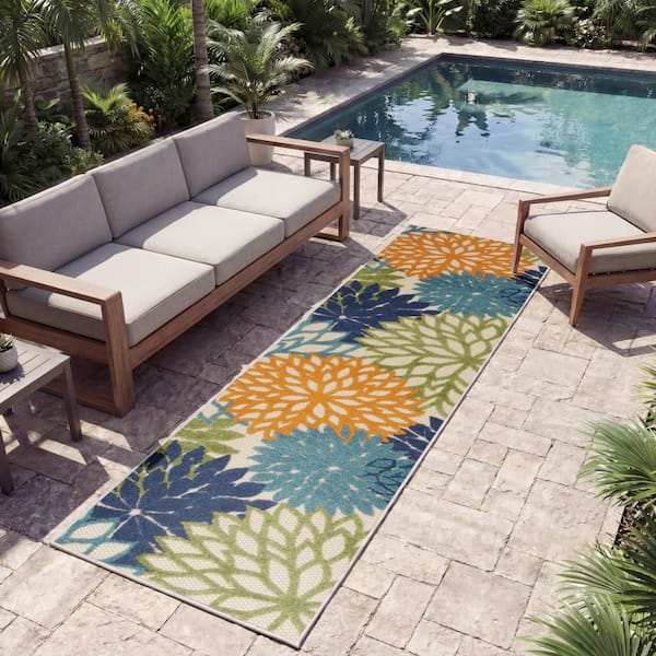 Aloha Multicolor 2 f t. x 10 ft. Kitchen Runner Floral Modern Indoor/Outdoor Patio Area Rug