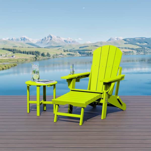 Laguna Outdoor Plastic Folding Adjustable Adirondack Chair w/ Pull Out Ottoman and Round Side Table, Lime