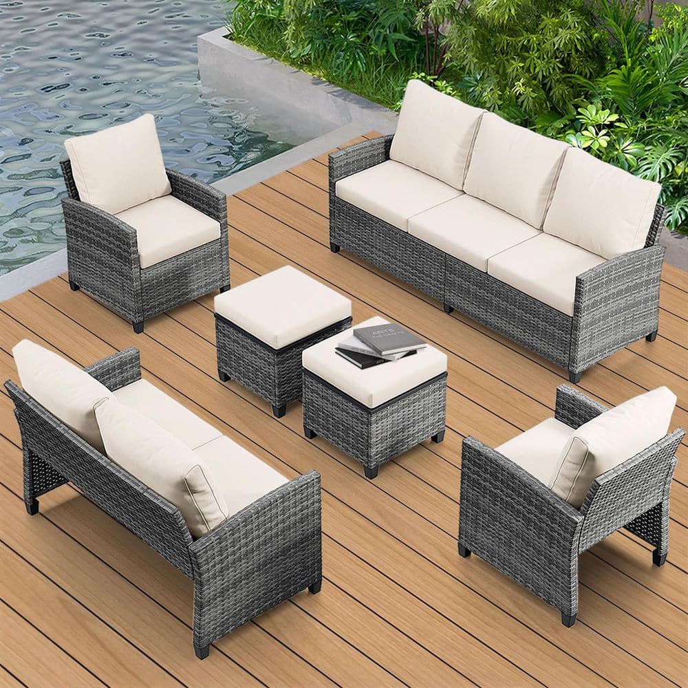 6-Piece Wicker Outdoor Sofa Sectional Set Patio Seating Set with Beige ...