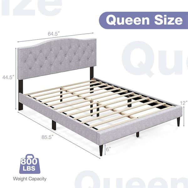 Gray Wood Frame Queen Size Platform Bed with Button Tufted Headboard