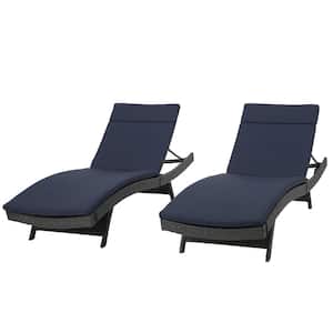 Salem Grey 2-Piece Faux Rattan Outdoor Patio Chaise Lounge with Navy Blue Cushions