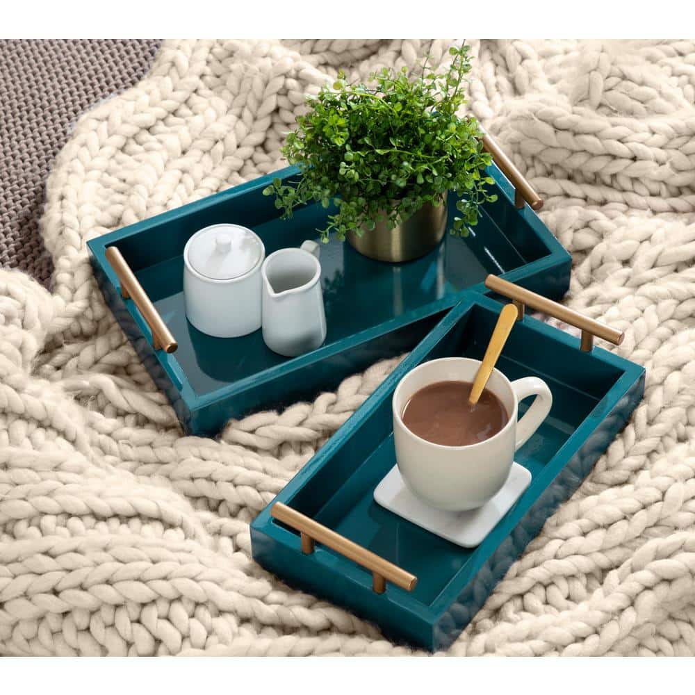 Teal and Gold Rectangular Wood Tray Set with Metal Handles