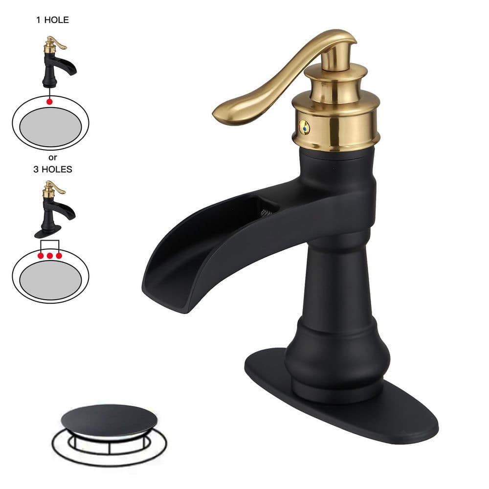Waterfall Single Hole Single-Handle Low-Arc Bathroom Faucet With Pop-up Drain Assembly in Gold and Black price history on PriceWatchPro