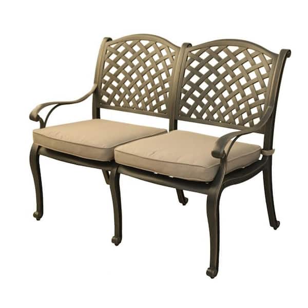 Mondawe 46 in. W 2-Person Dark Black Aluminum Frame Outdoor Bench with CushionGuard Brown Cushion for Garden, Yard, Balcony