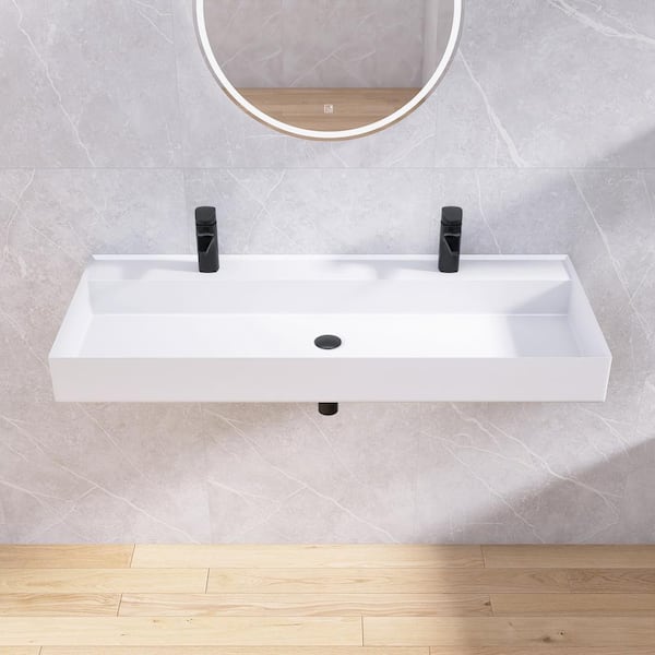 47 in. x 19 in. Solid Surface Wall-Mounted Bathroom Vessel Sink in White with Double Faucet Holes