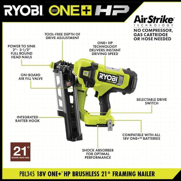RYOBI ONE+ HP 18V Brushless Cordless AirStrike 21° Framing Nailer (Tool  Only) PBL345B - The Home Depot
