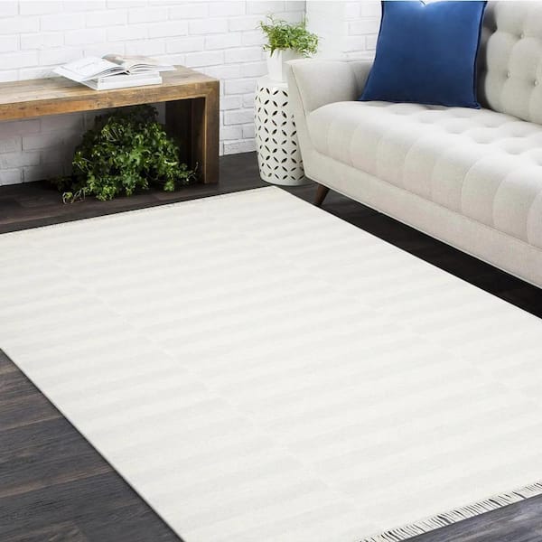 Solo Rugs Louella Flatweave Ivory 5 ft. x 8 ft. Striped Hand Woven