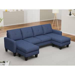 96.8 in. Square Arm U-Shape Linen Sectional Sofa in Blue with Ottomans (4 Installation Options)