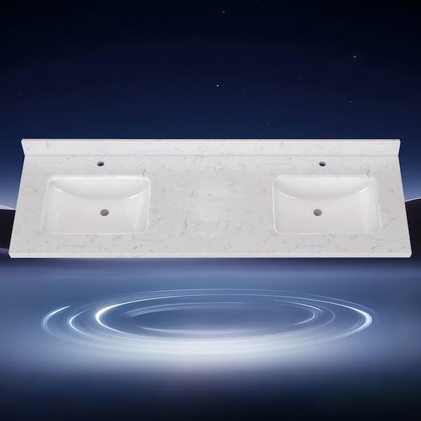 Cala 72 in. W x 22 in. D Cultured marble White Rectangular Double Sinks Bath Vanity Top with Backsplash in Carrara White