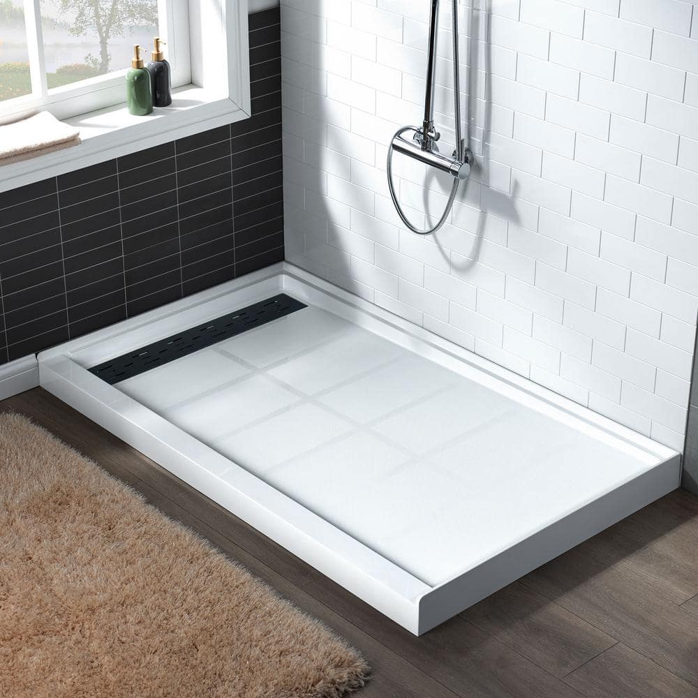 White Rectangular Shower Pan with Matte Black Drain Cover