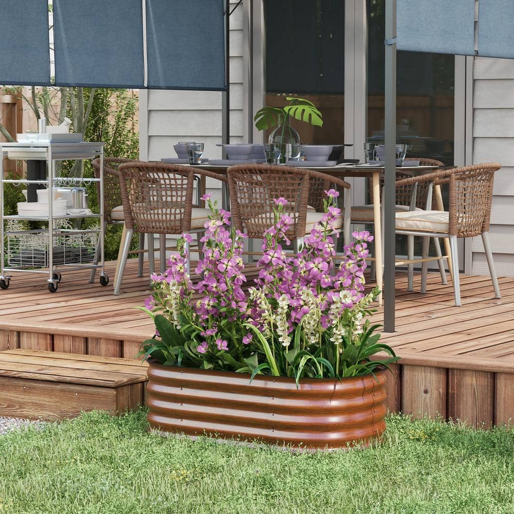 Brown Galvanized Steel Raised Garden Bed Planter Box with Safety Edging