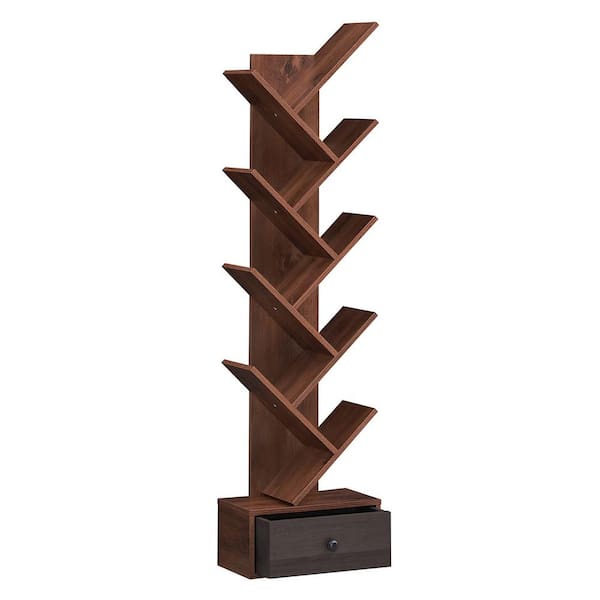 Costway 15 in. Wide Brown 10-Tier Wooden Tree Bookcase with Drawer Display Storage Organizer Rack