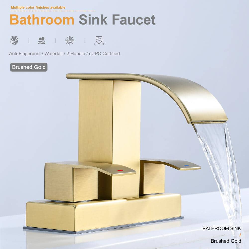 Brushed Gold 4-Inch Centerset Waterfall Bathroom Faucet with Drain Kit