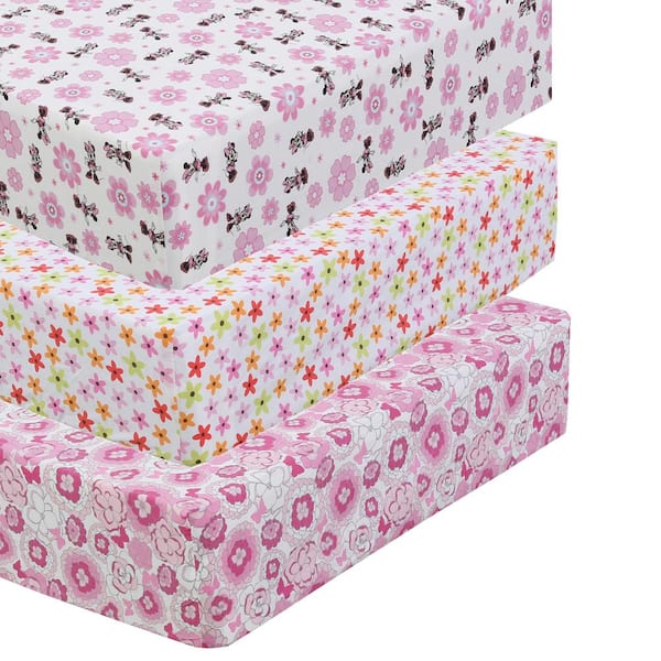 Cozy Line Home Fashions 3-Piece Pink Cotton Minnie's Garden Butterfly Peony Floral Blossoms Crib/Toddler Fitted Sheets