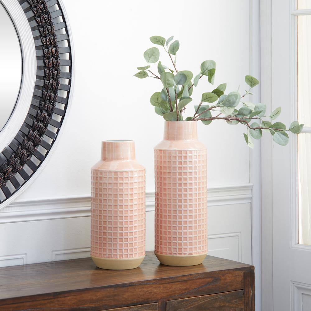 Sleek Contemporary Pink Metal Decorative Vases Set of 2