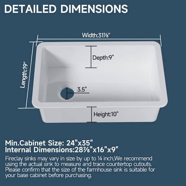 Kuomih 32 in. Rectangle Kitchen Sink Drop-In/Undermount White