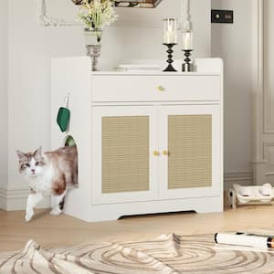 White Large Litter Box Enclosure Storage Cabinet with Drawer, Wooden Hidden Cat Washroom with Sisal Door and 2 Holes