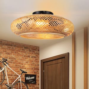 20 in. Indoor Boho Caged Flush Mount Bamboo Weaving Black Ceiling Fan with Remote Control and 7 wood grain ABS Blades