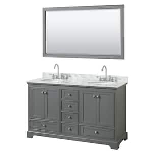 Deborah 60 in. Double Vanity in Dark Gray with Marble Vanity Top in White Carrara with White Basins and 58 in. Mirror