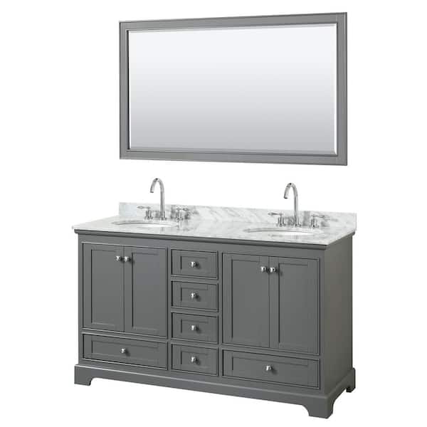 Wyndham Collection Deborah 60 in. Double Vanity in Dark Gray with Marble Vanity Top in White Carrara with White Basins and 58 in. Mirror