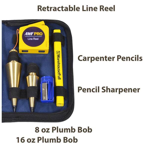 Retractable Line Reel and Case Plumb Bob Kit 16 & 8 oz Solid Brass Plumb Bobs 
