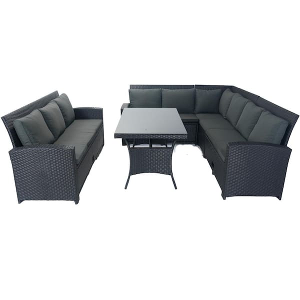 Boosicavelly 5-Piece Black Wicker Outdoor Conversation Set with Dark Grey Cushion and 3 Storage Under Seat