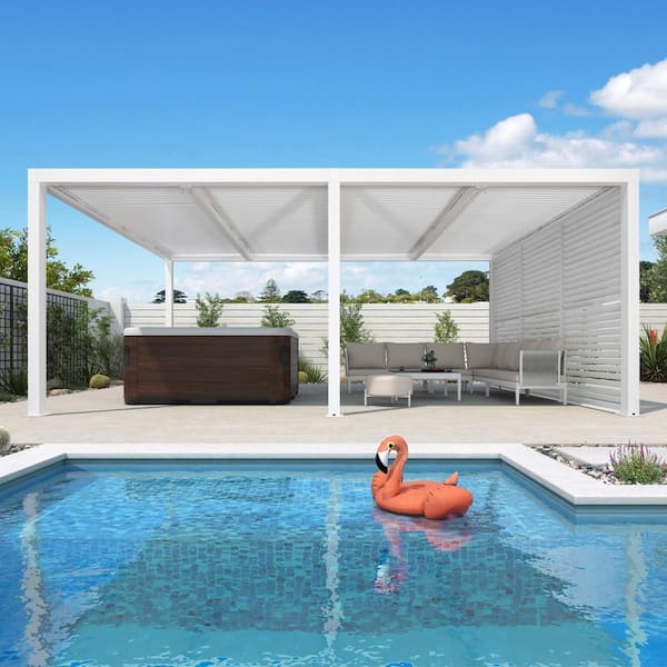 12 ft. x 20 ft. White Aluminum Louvered Pergola with 4 Adjustable Sunshade Roofs and 1-Short Side Fixed Shutter Wall