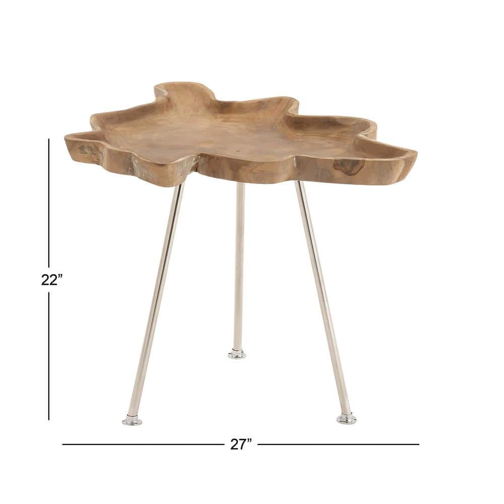 Abstract Teak Wood Accent Table with Silver Metal Legs