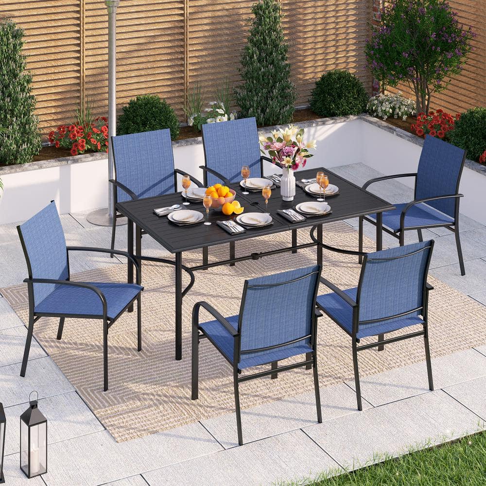 PHI VILLA Black 7-Piece Metal Rectangle Table Outdoor Patio Dining Set with  Blue Textilene Chairs THD7-455-154B - The Home Depot